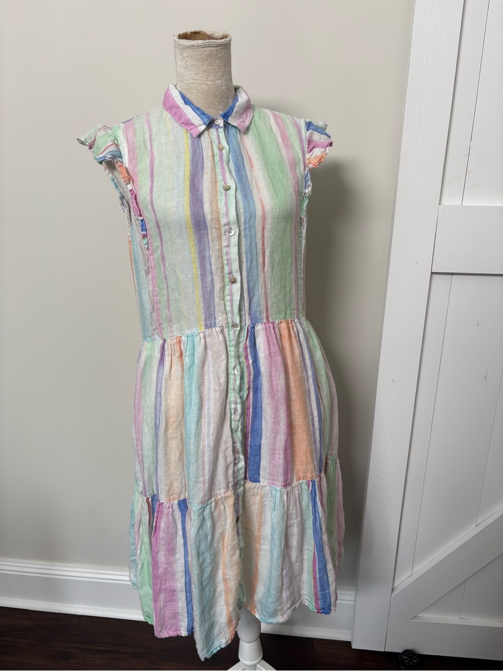120% Lino linen pastel stripe dress button front pockets size 46, US 10
